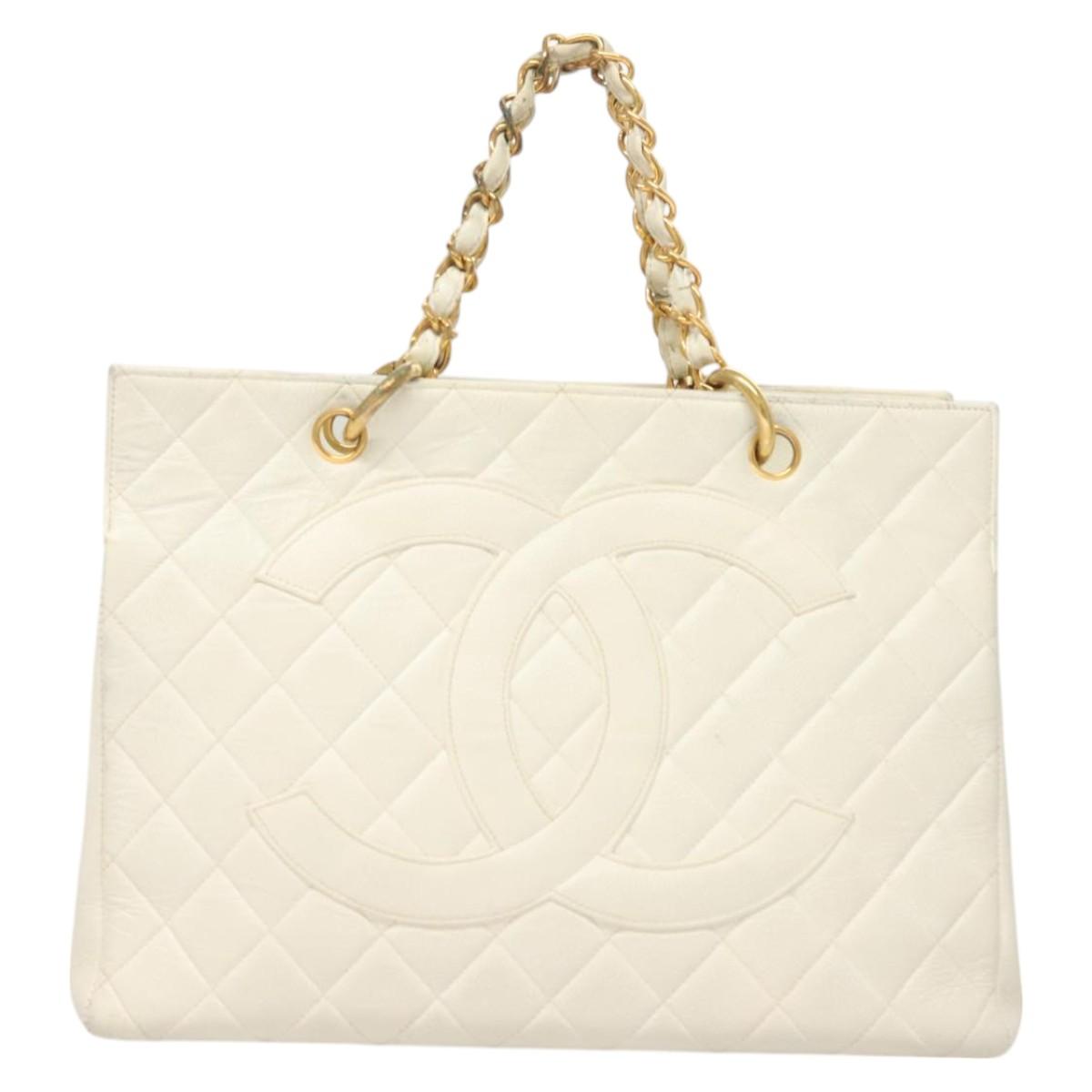 CHANEL Matelasse Chain Hand Bag Caviar Skin White Gold CC Auth bs26565