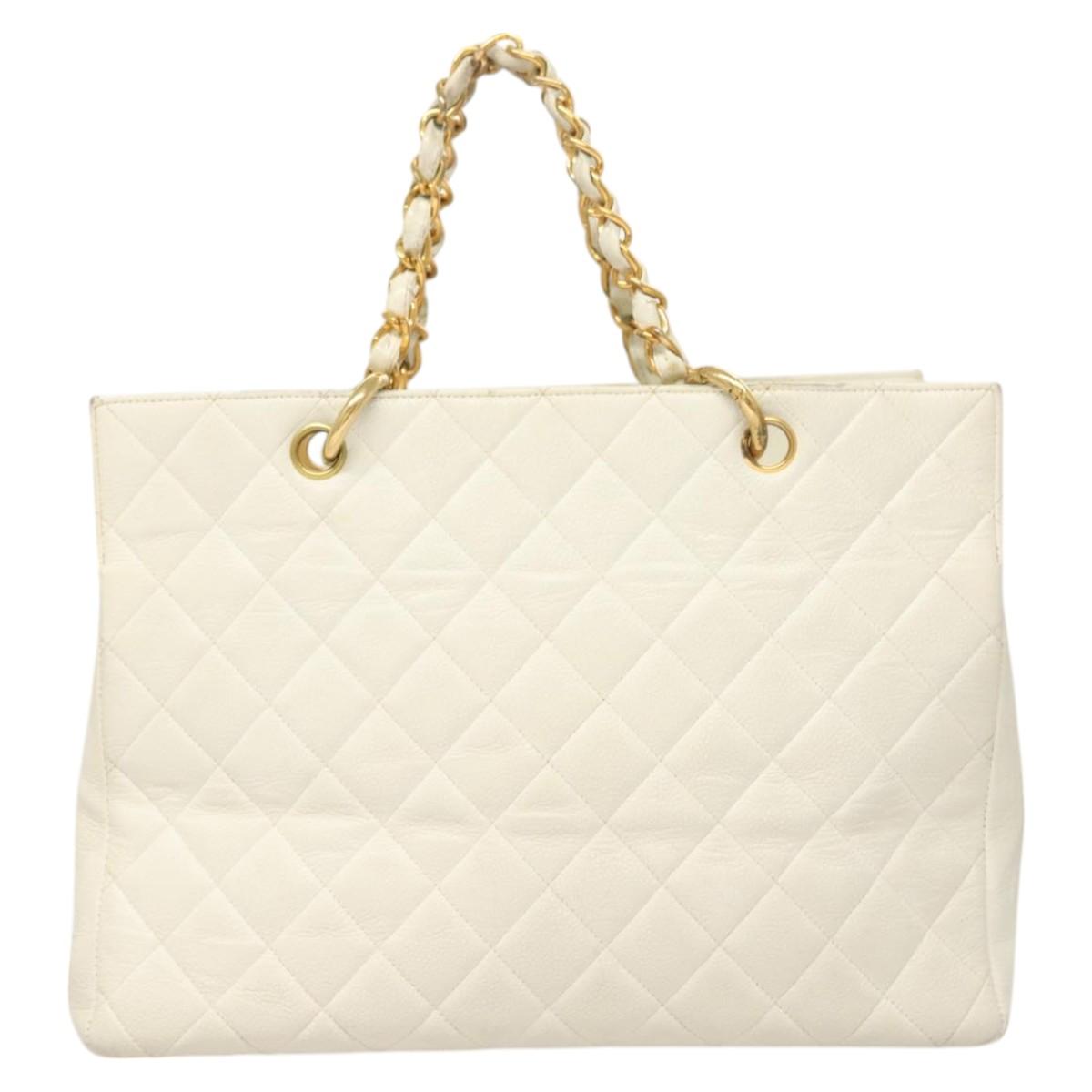 CHANEL Matelasse Chain Hand Bag Caviar Skin White Gold CC Auth bs26565