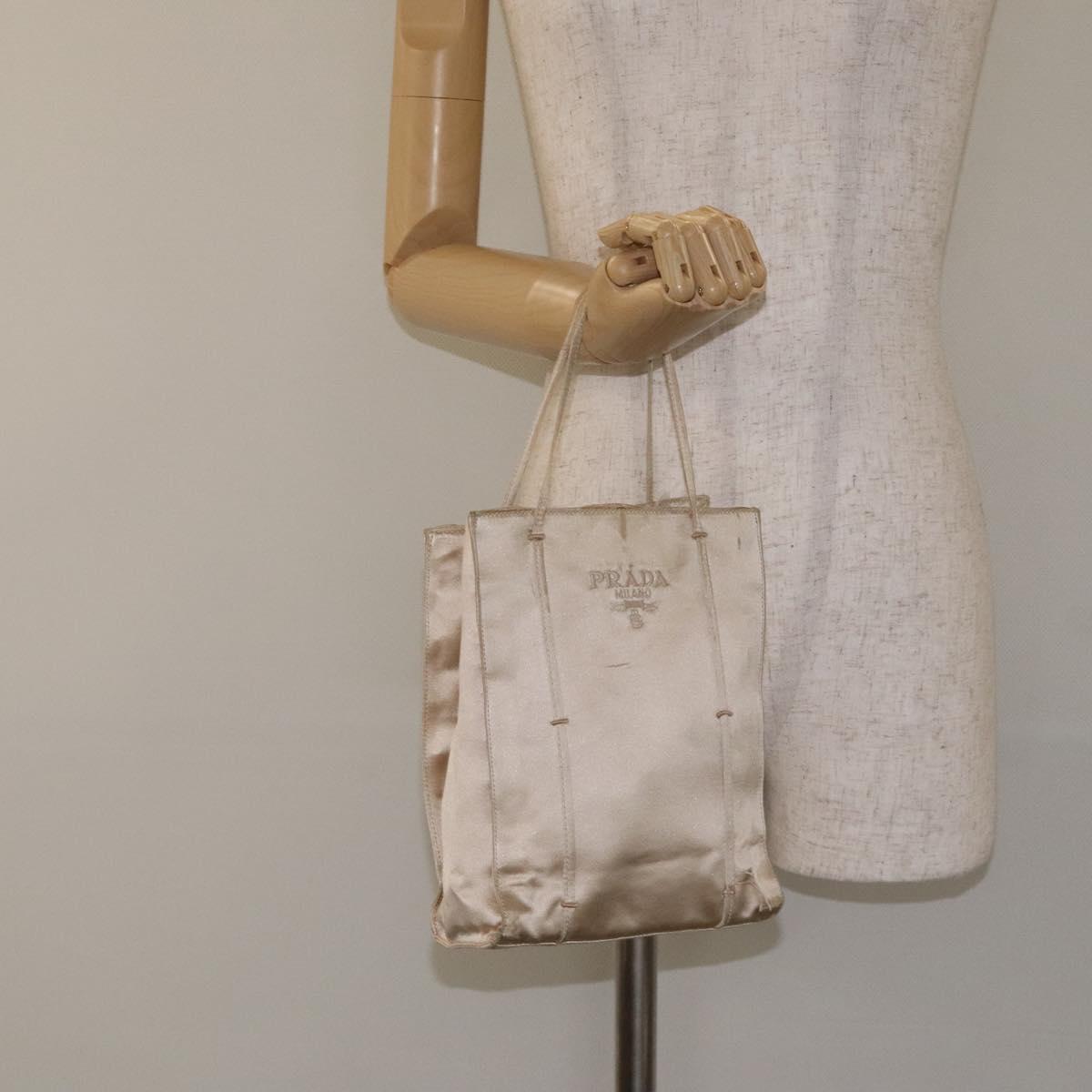PRADA Tote Bag Satin Beige Auth bs26574