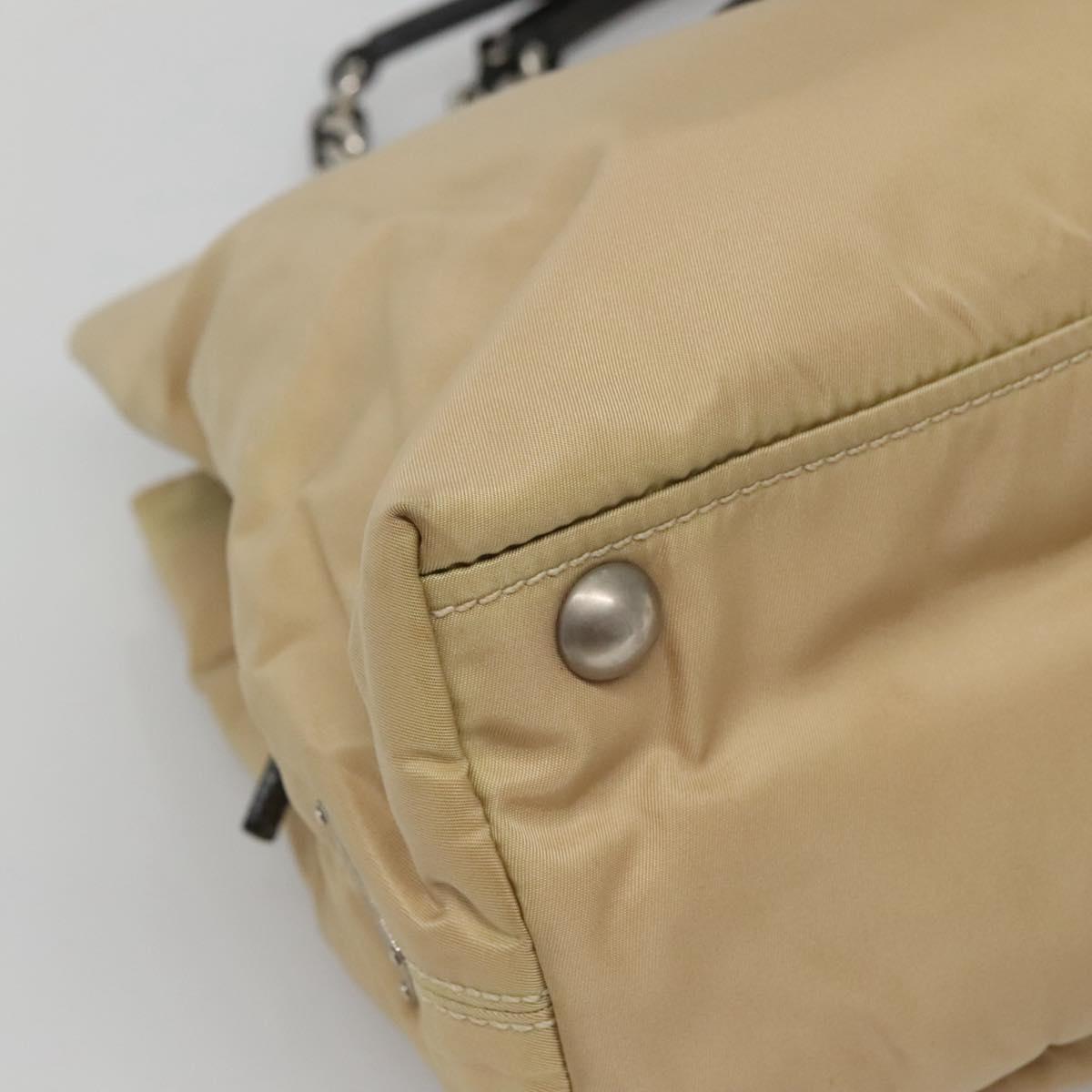 PRADA Chain Tote Bag Nylon Leather Beige Silver Auth bs26581