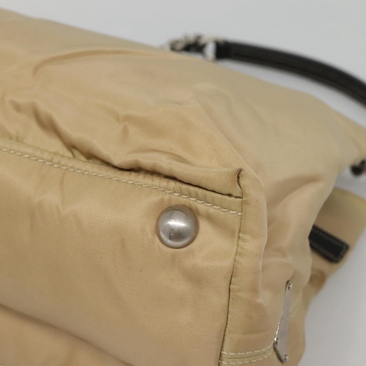 PRADA Chain Tote Bag Nylon Leather Beige Silver Auth bs26581