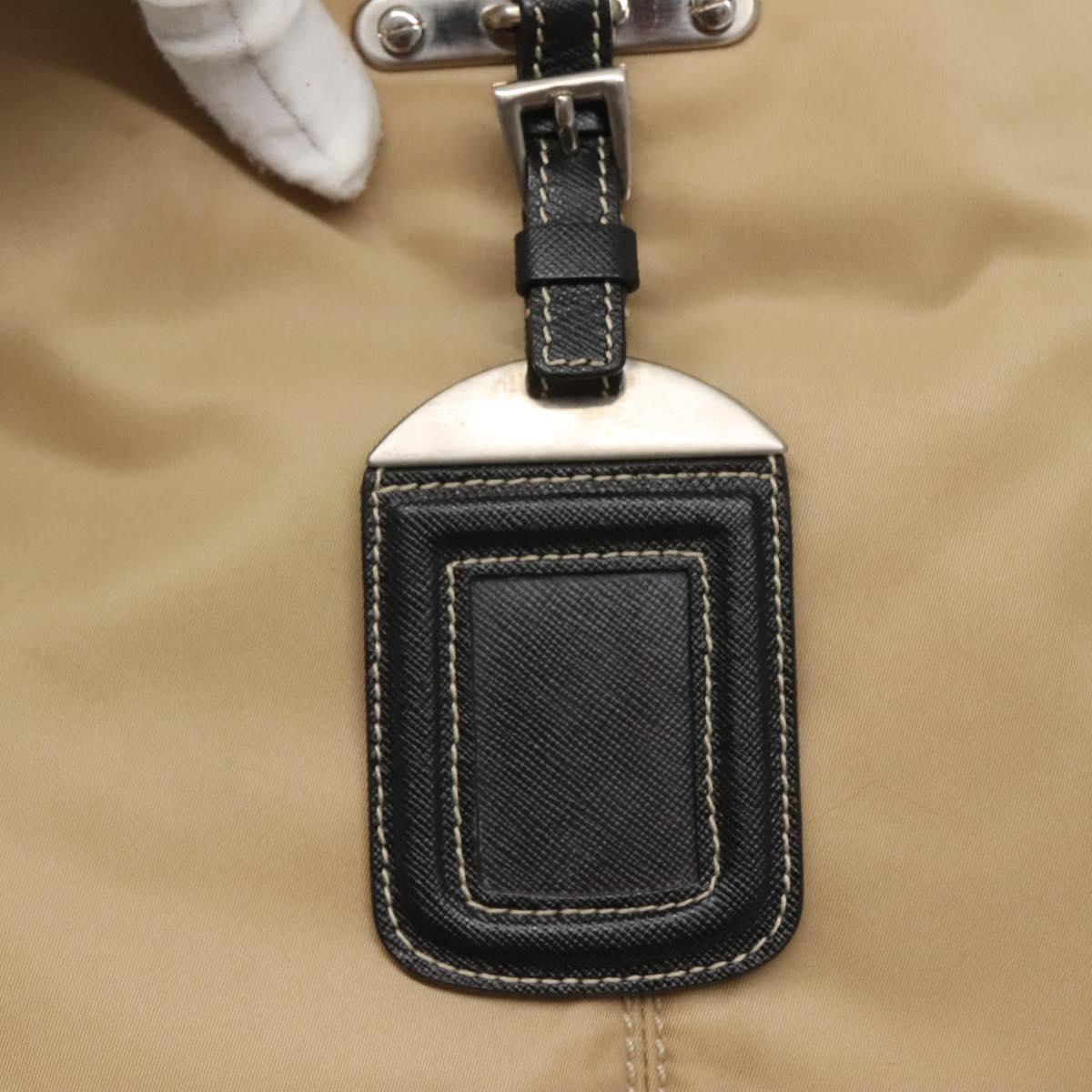 PRADA Chain Tote Bag Nylon Leather Beige Silver Auth bs26581