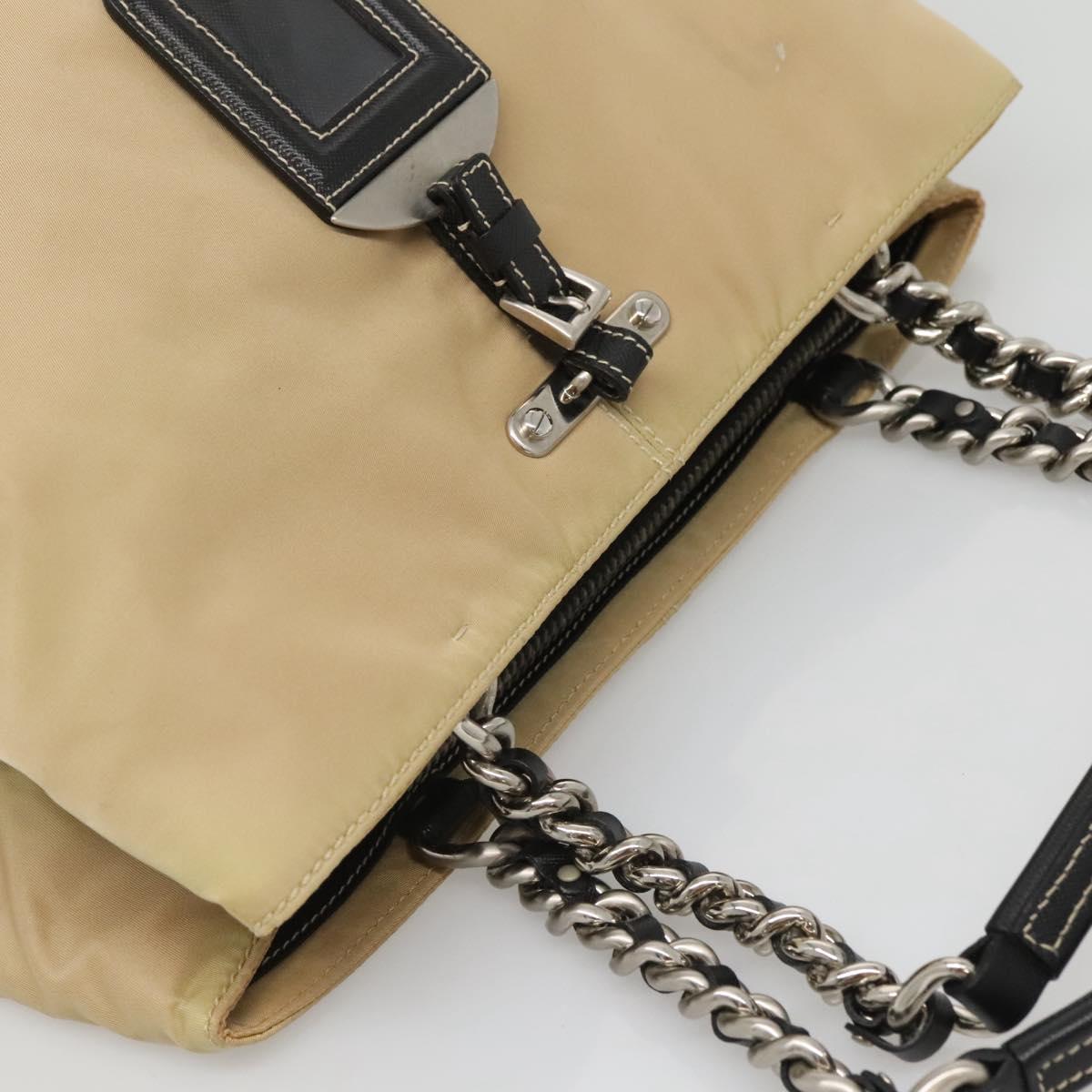 PRADA Chain Tote Bag Nylon Leather Beige Silver Auth bs26581