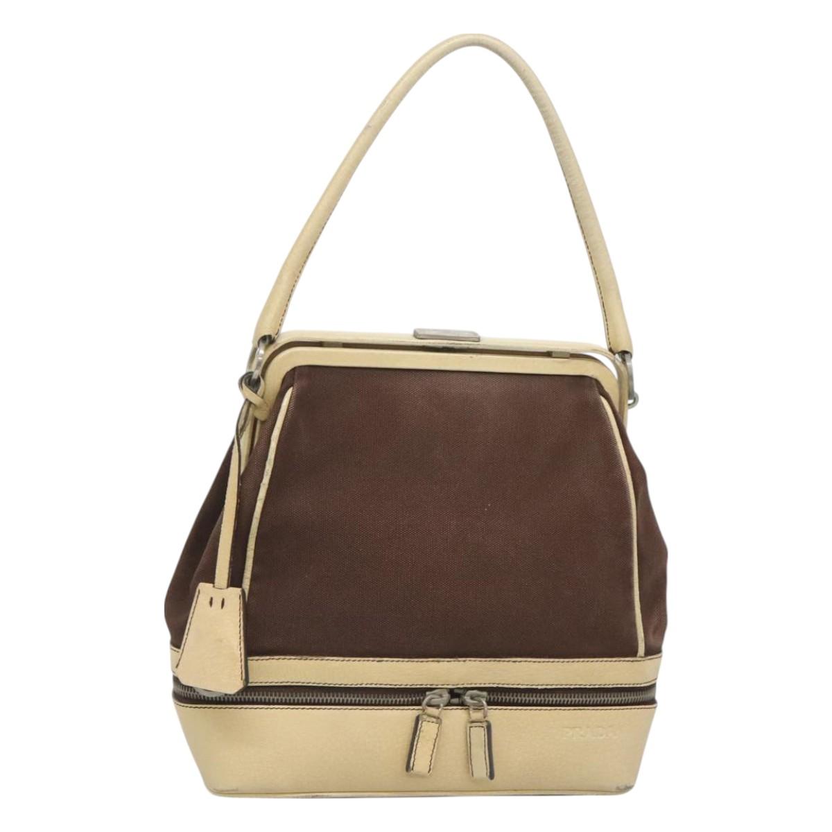 PRADA Shoulder Bag Canvas Leather Brown Silver Auth bs26588