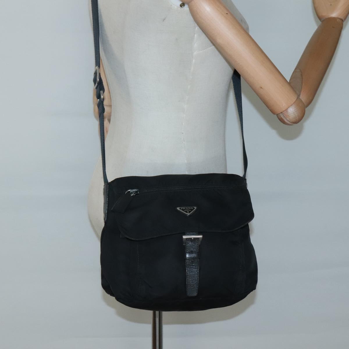 PRADA Shoulder Bag Nylon Black Silver Auth bs26590