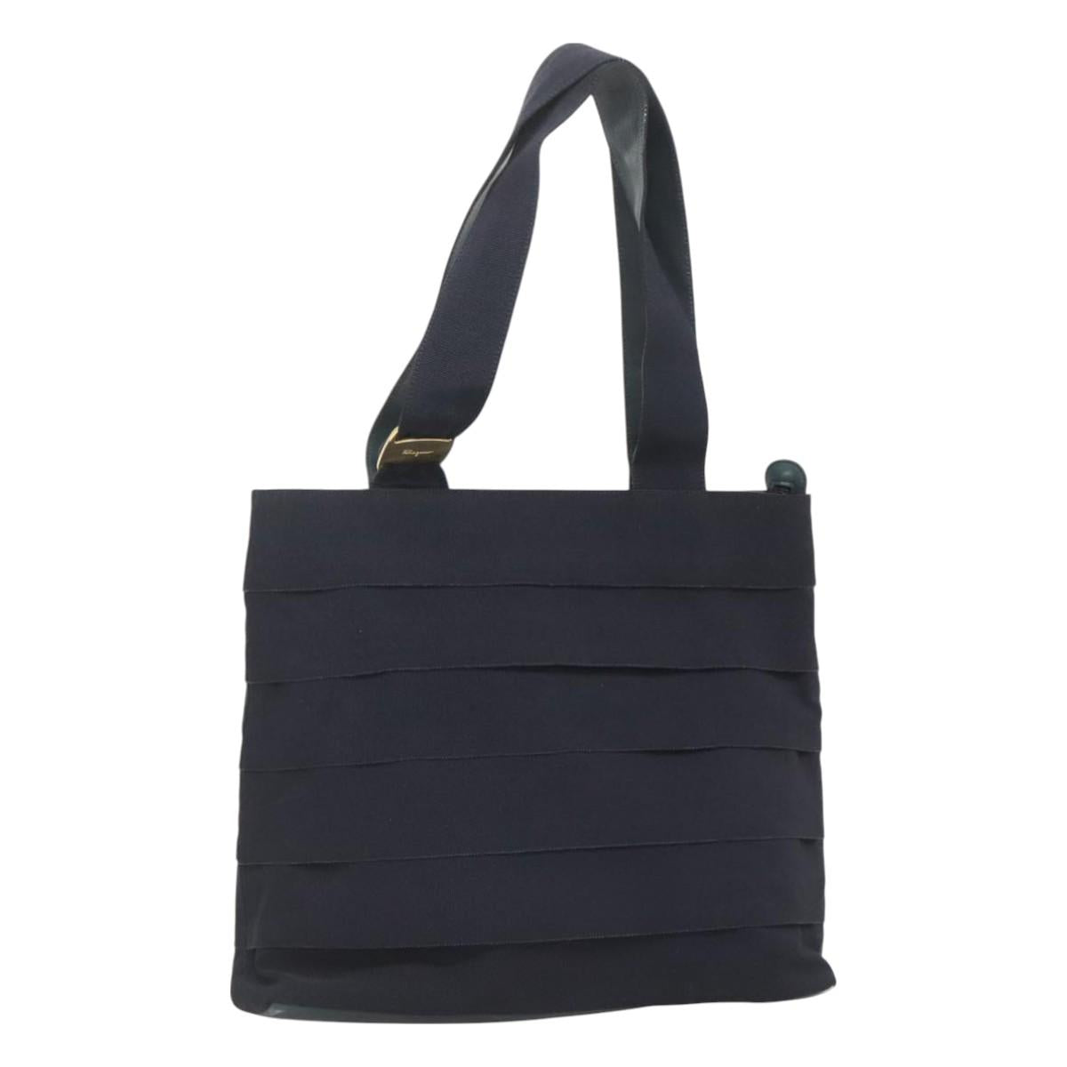 Salvatore Ferragamo Vala Tote Bag Canvas Leather Navy Gold Auth bs26595