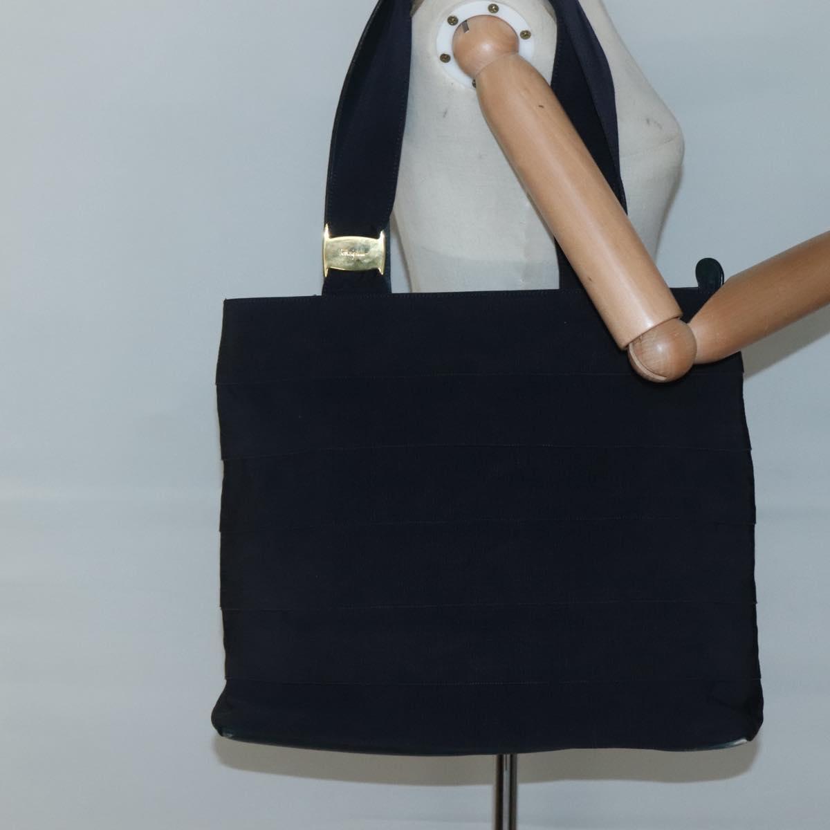 Salvatore Ferragamo Vala Tote Bag Canvas Leather Navy Gold Auth bs26595