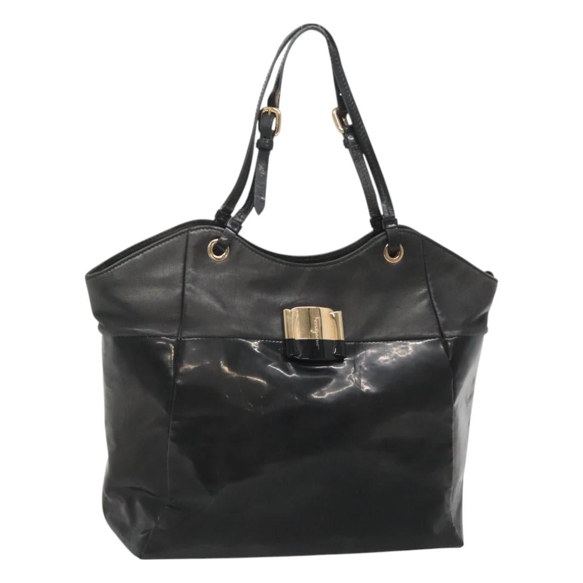 Salvatore Ferragamo Vera Shoulder Bag Enamel Black Gold Auth bs26598