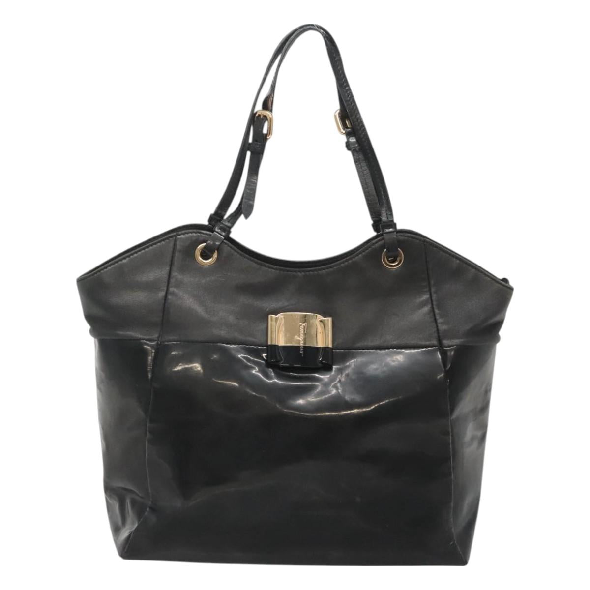 Salvatore Ferragamo Vera Shoulder Bag Enamel Black Gold Auth bs26598