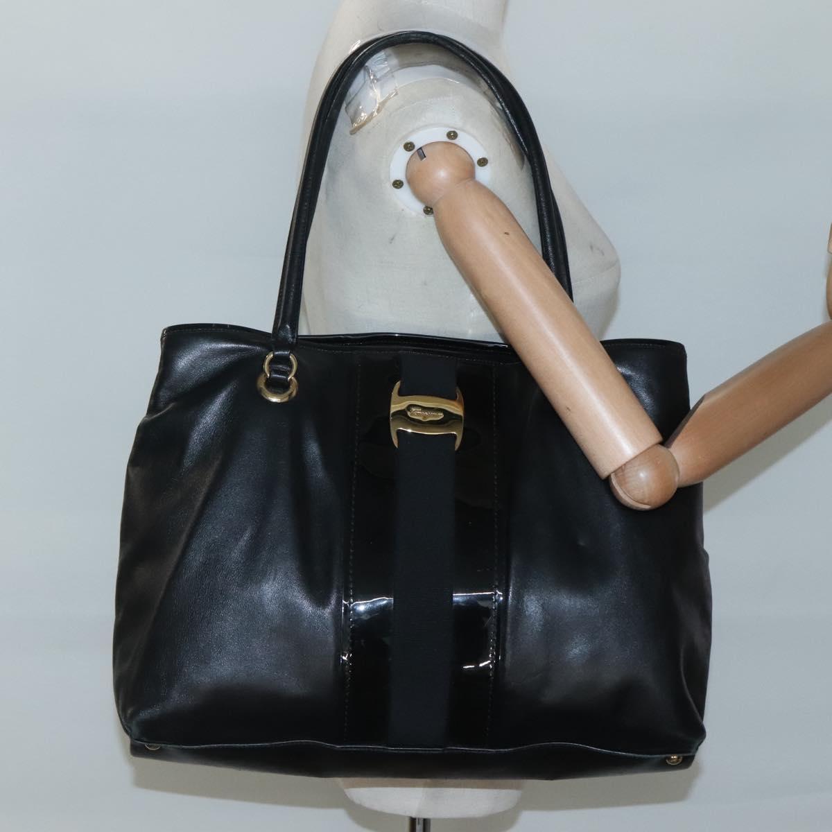 Salvatore Ferragamo Vera Tote Bag Leather Black Gold Auth bs26608