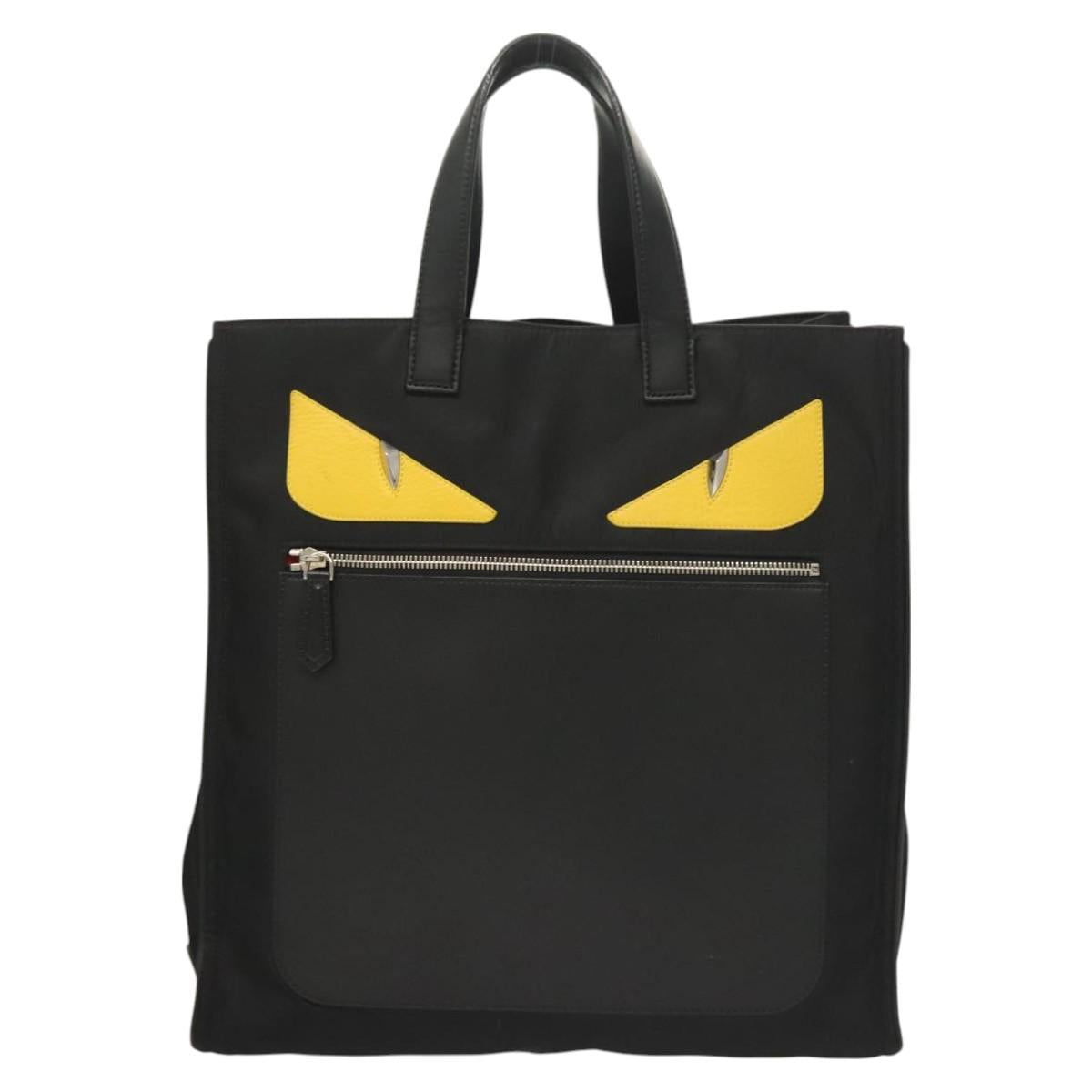 FENDI Monster Bugs Tote Bag Nylon Leather Black Yellow Silver Auth bs26641