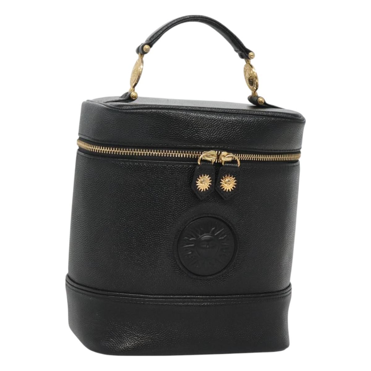 VERSACE Vanity Bag Leather Black Gold Auth bs26703