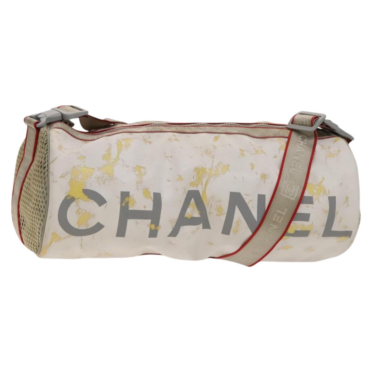CHANEL Sports Shoulder Drum Bag Rubber Nylon White Gray CC Auth bs26735