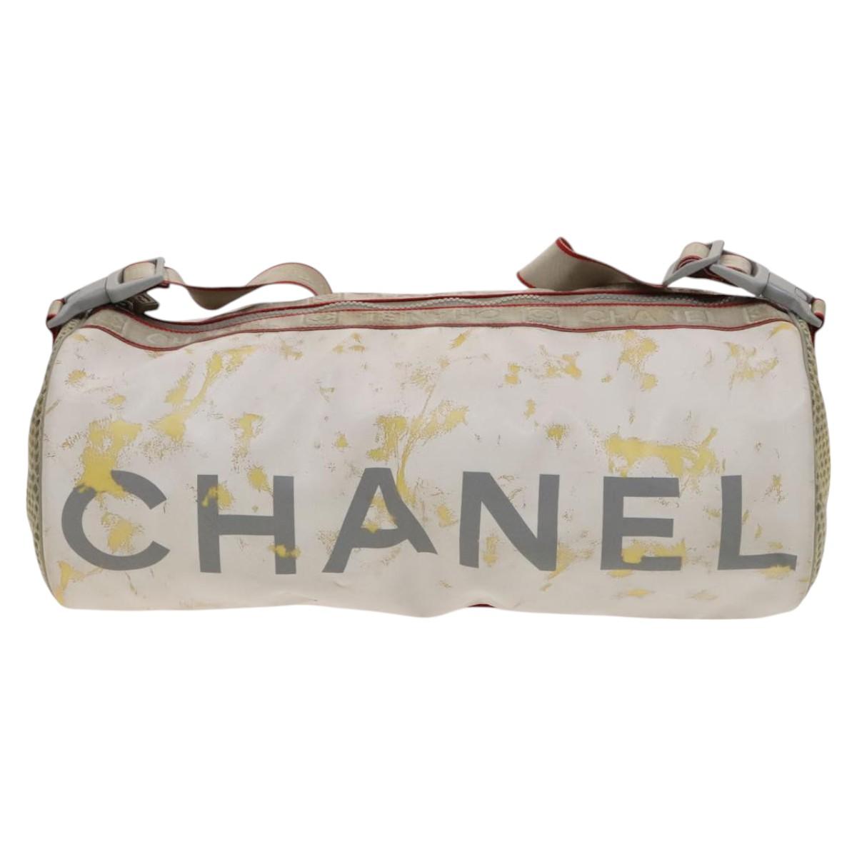 CHANEL Sports Shoulder Drum Bag Rubber Nylon White Gray CC Auth bs26735