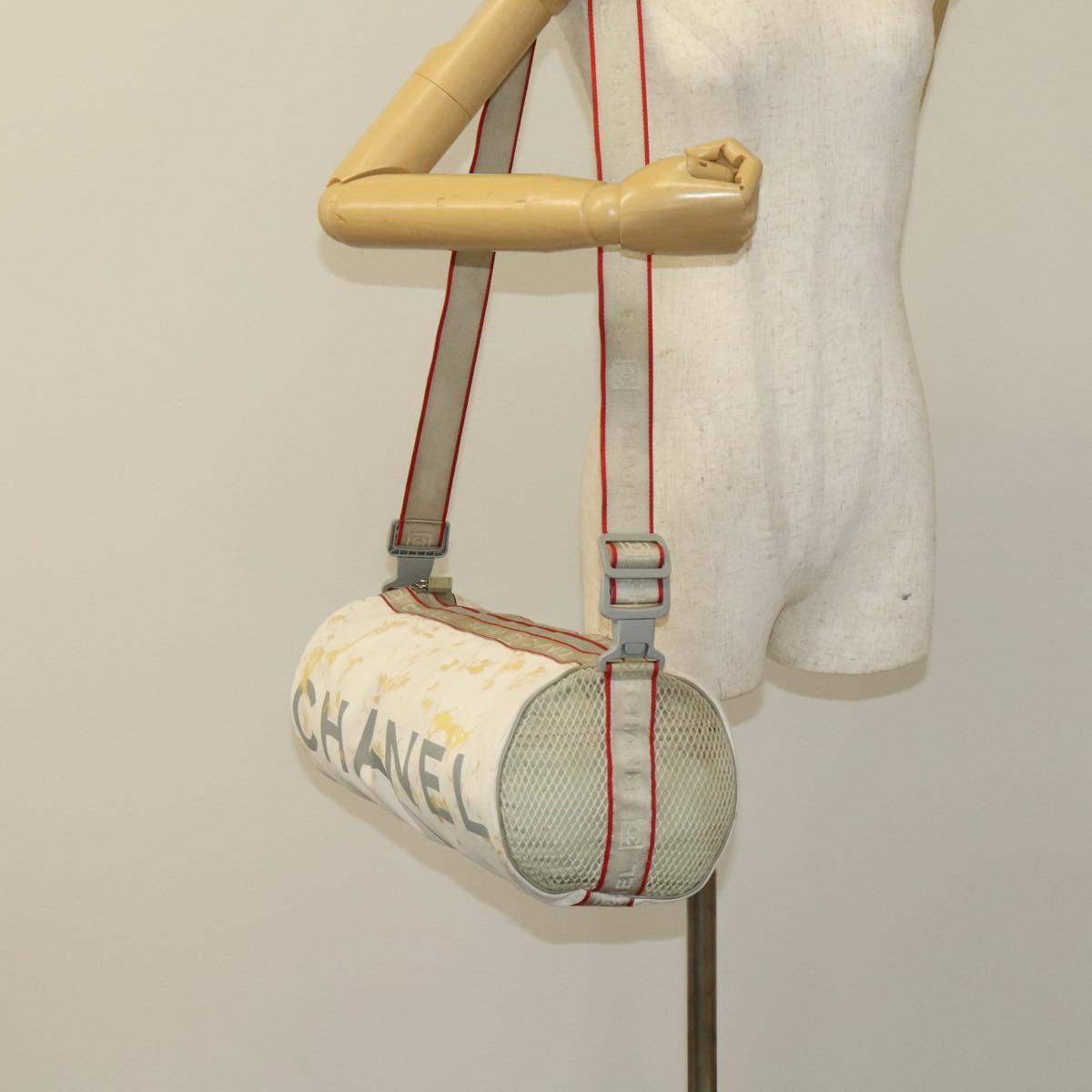 CHANEL Sports Shoulder Drum Bag Rubber Nylon White Gray CC Auth bs26735