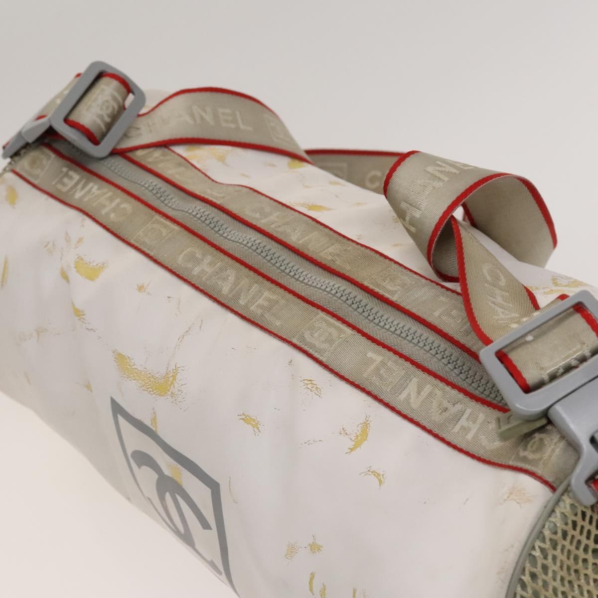 CHANEL Sports Shoulder Drum Bag Rubber Nylon White Gray CC Auth bs26735