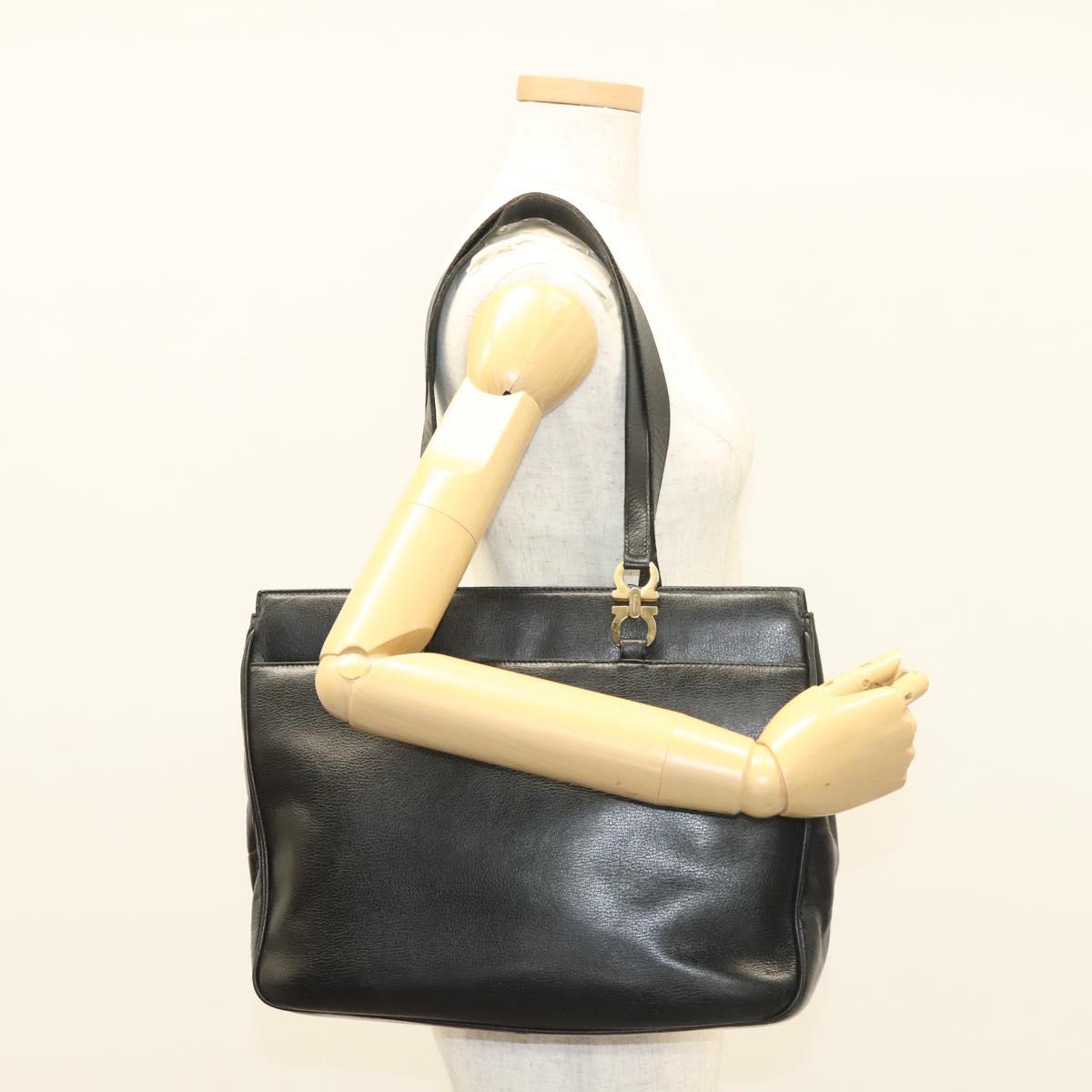 Salvatore Ferragamo Gancini Tote Bag Leather Black Gold Auth bs26846