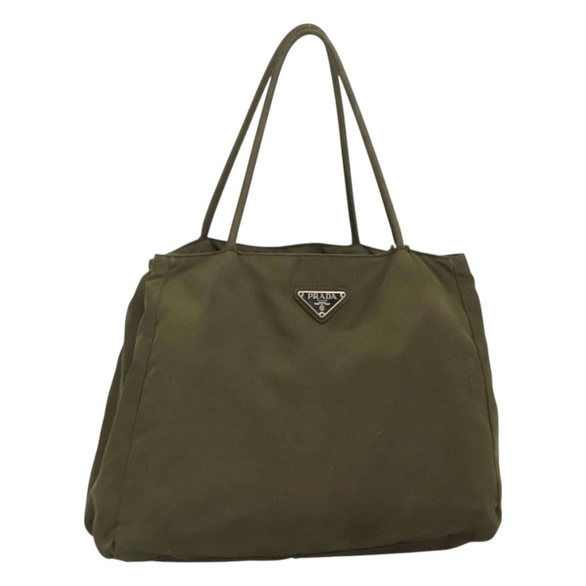 PRADA Hand Bag Nylon Khaki Silver Auth bs26850