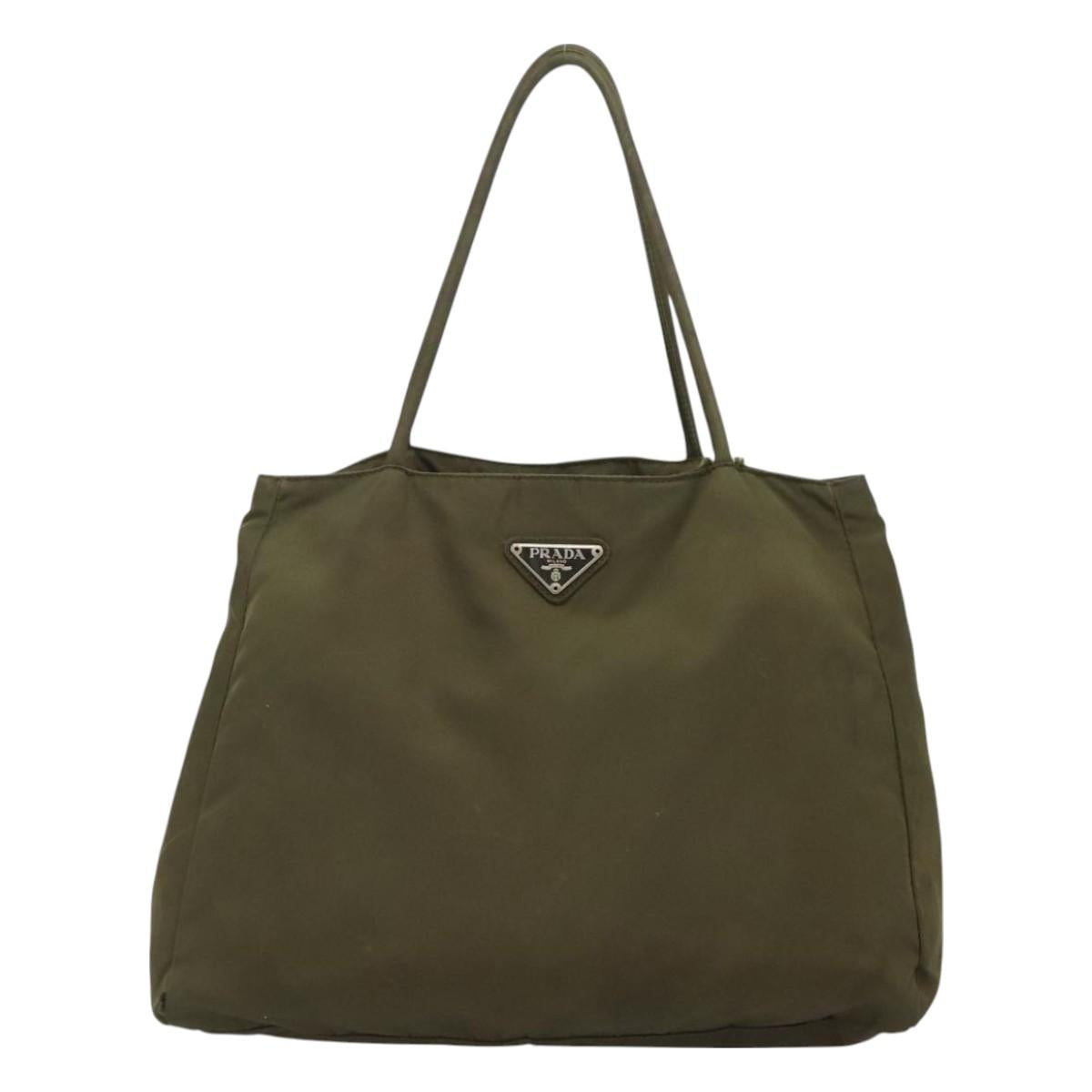 PRADA Hand Bag Nylon Khaki Silver Auth bs26850
