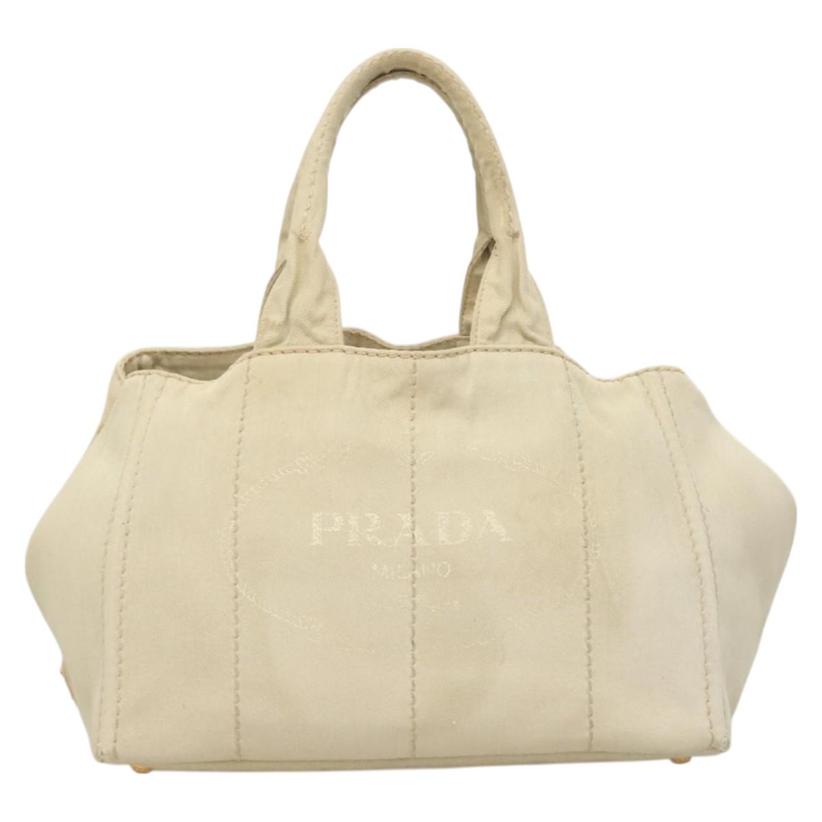 PRADA Canapa MM Hand Bag Canvas Beige Gold Auth bs26853