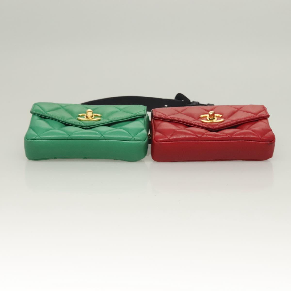 CHANEL Matelasse Waist bag Lamb Skin Red Gold Green CC Auth bs26866