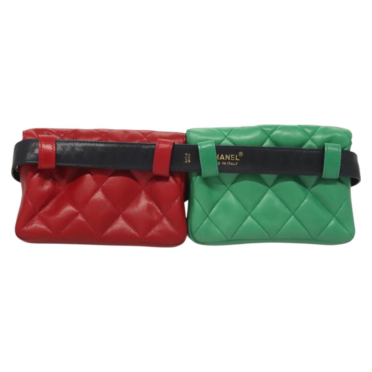 CHANEL Matelasse Waist bag Lamb Skin Red Gold Green CC Auth bs26866