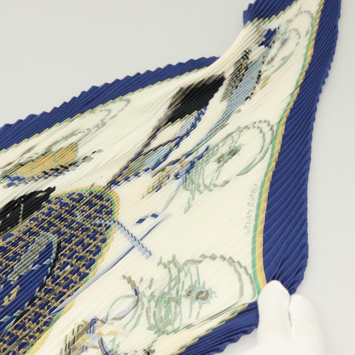 HERMES Pleated Scarf ""LES VOITURES A TRANSFORMATION"" Silk Blue Auth bs26876