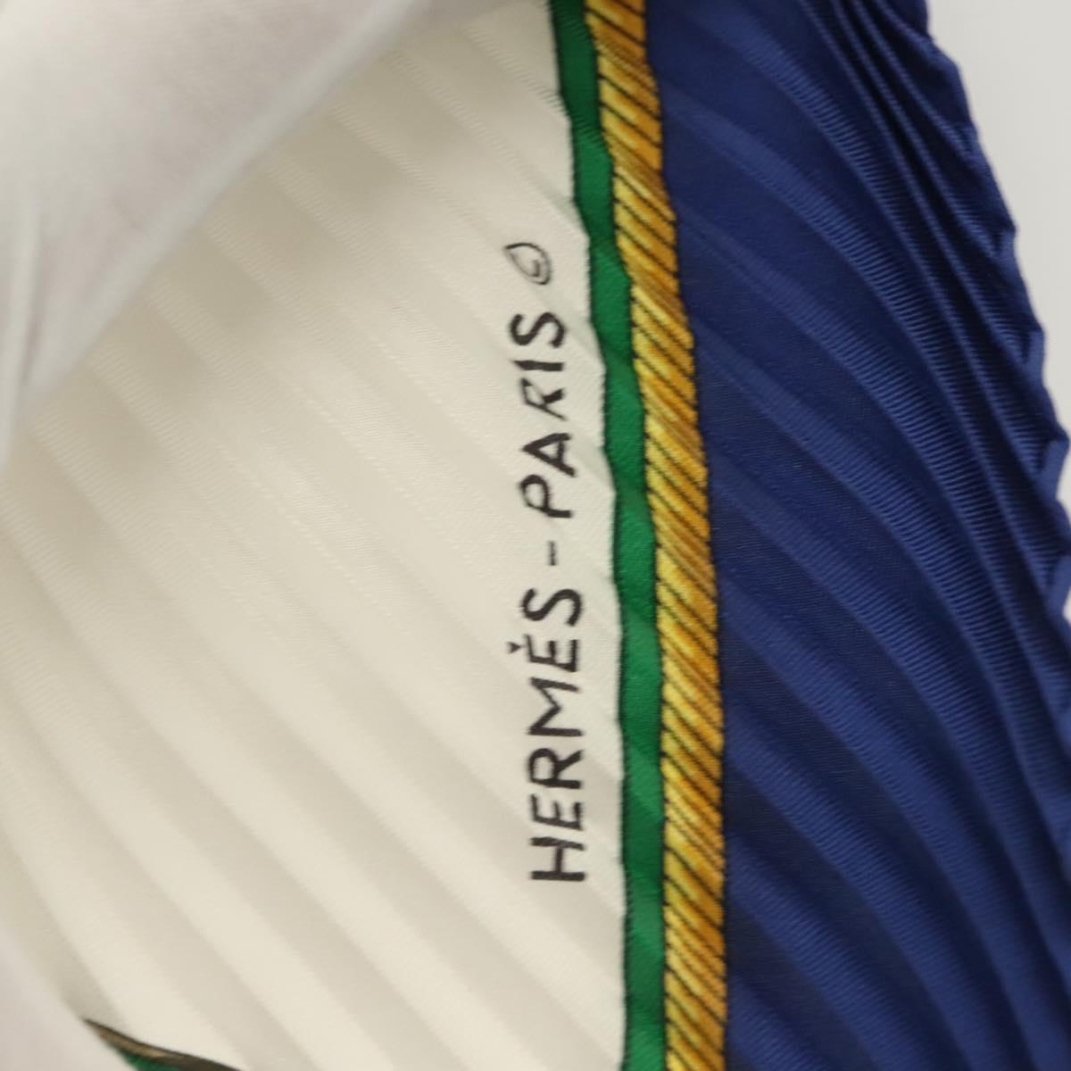 HERMES Pleated Scarf ""LES VOITURES A TRANSFORMATION"" Silk Blue Auth bs26876