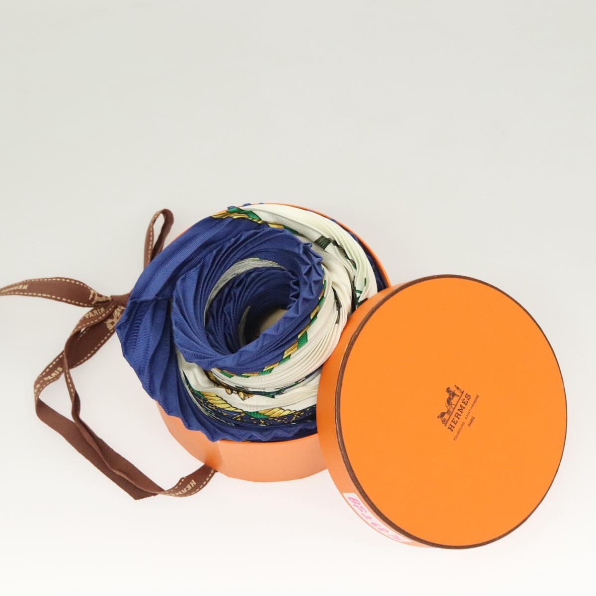 HERMES Pleated Scarf ""LES VOITURES A TRANSFORMATION"" Silk Blue Auth bs26876