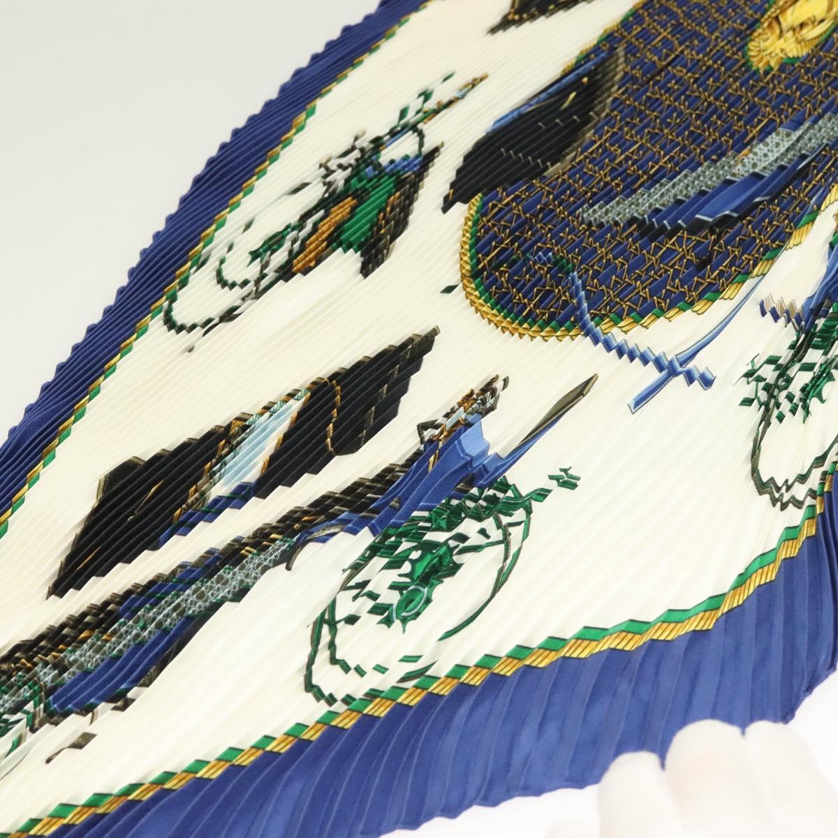 HERMES Pleated Scarf ""LES VOITURES A TRANSFORMATION"" Silk Blue Auth bs26876