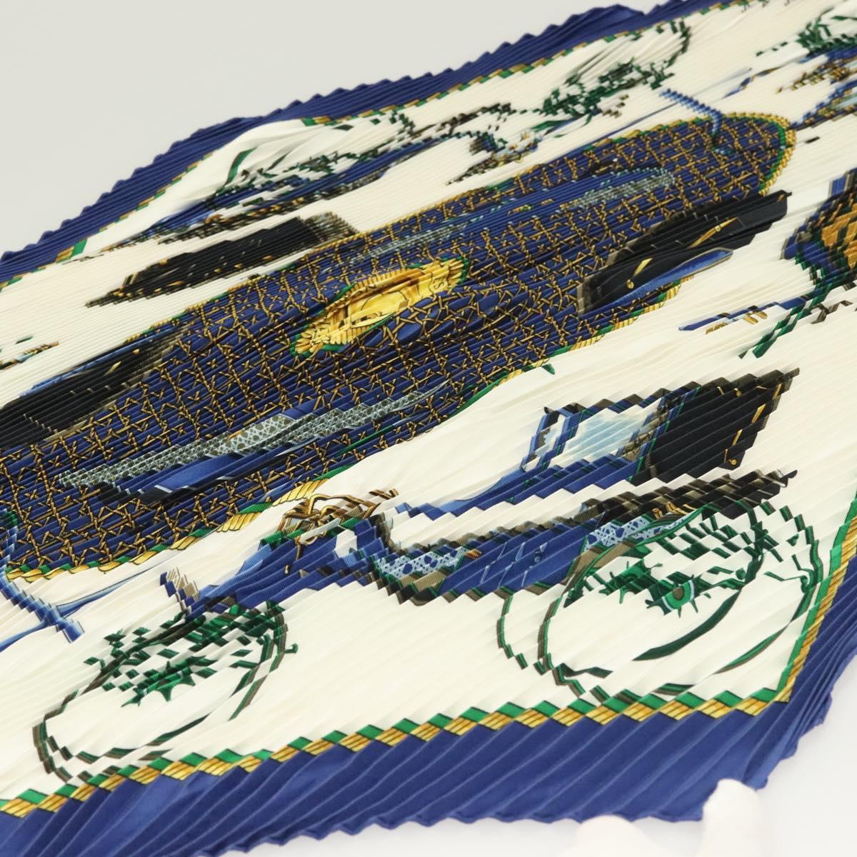 HERMES Pleated Scarf ""LES VOITURES A TRANSFORMATION"" Silk Blue Auth bs26876