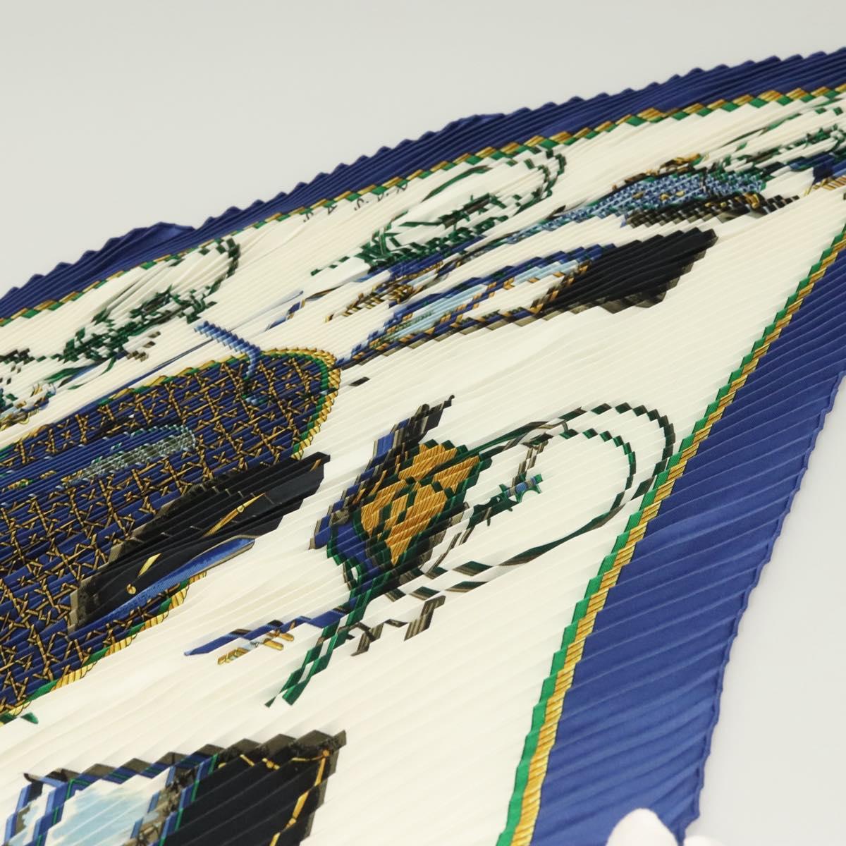 HERMES Pleated Scarf ""LES VOITURES A TRANSFORMATION"" Silk Blue Auth bs26876