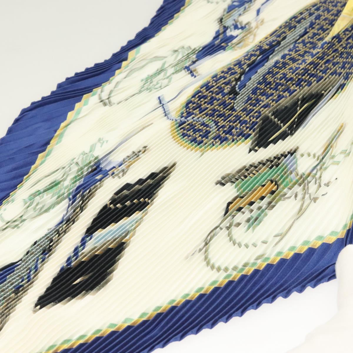 HERMES Pleated Scarf ""LES VOITURES A TRANSFORMATION"" Silk Blue Auth bs26876