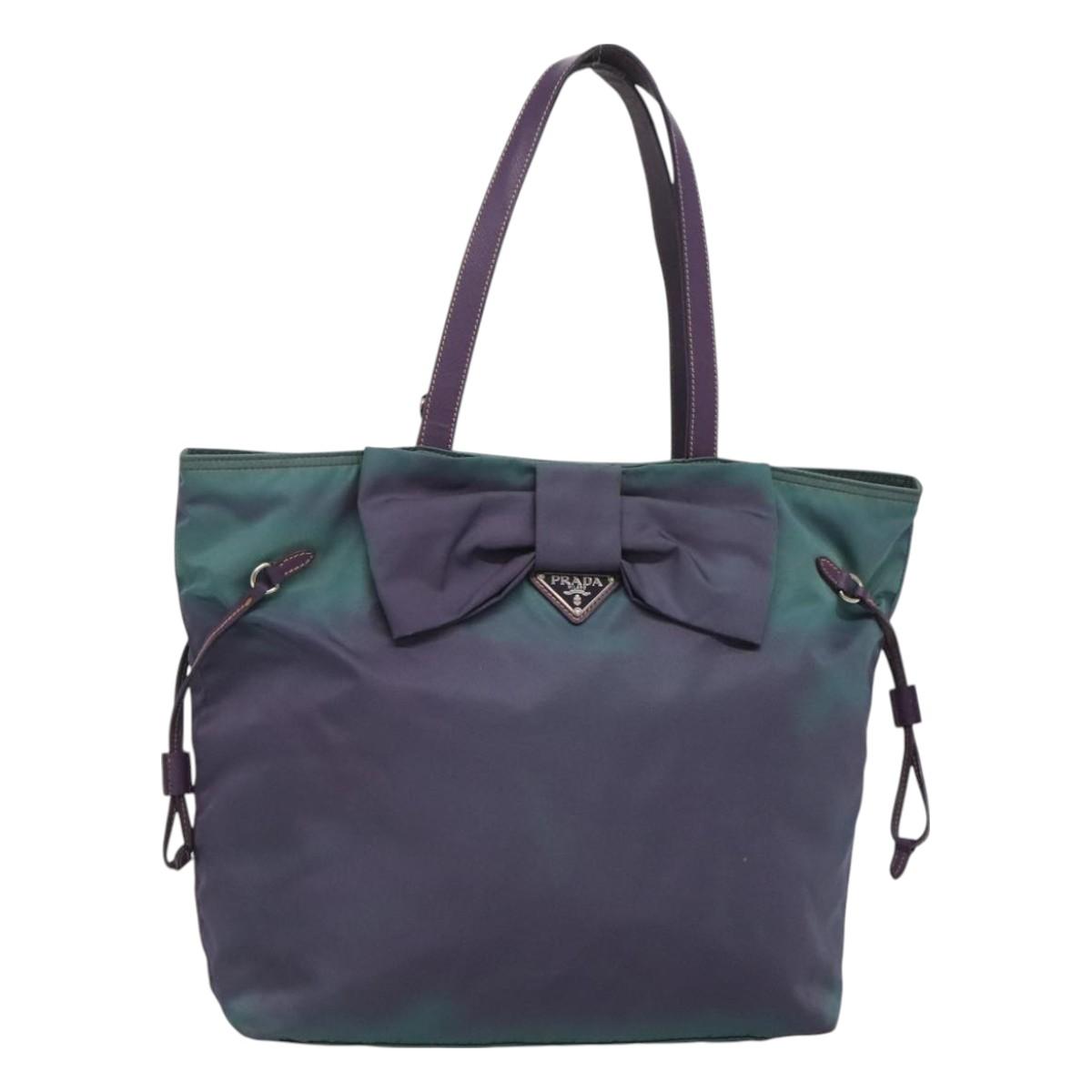 PRADA Tote Bag Nylon Turquoise Blue Silver Auth bs26897