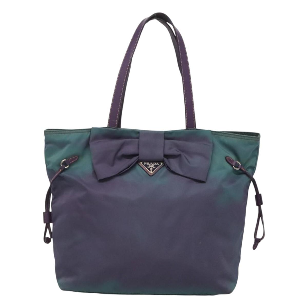 PRADA Tote Bag Nylon Turquoise Blue Silver Auth bs26897