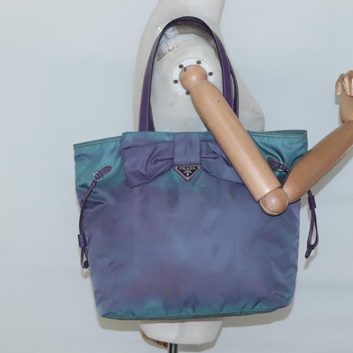 PRADA Tote Bag Nylon Turquoise Blue Silver Auth bs26897
