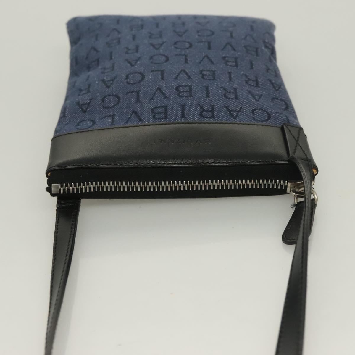 BVLGARI Logo Mania Shoulder Bag Canvas Blue Silver Auth bs26910