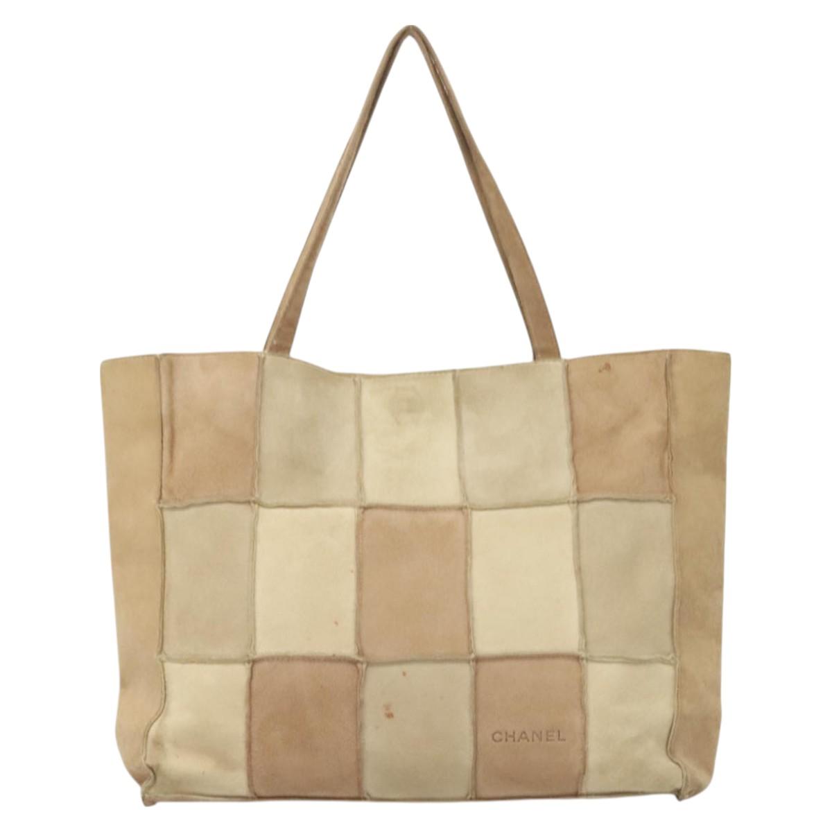 CHANEL Tote Bag Mouton Beige Silver CC Auth bs26984