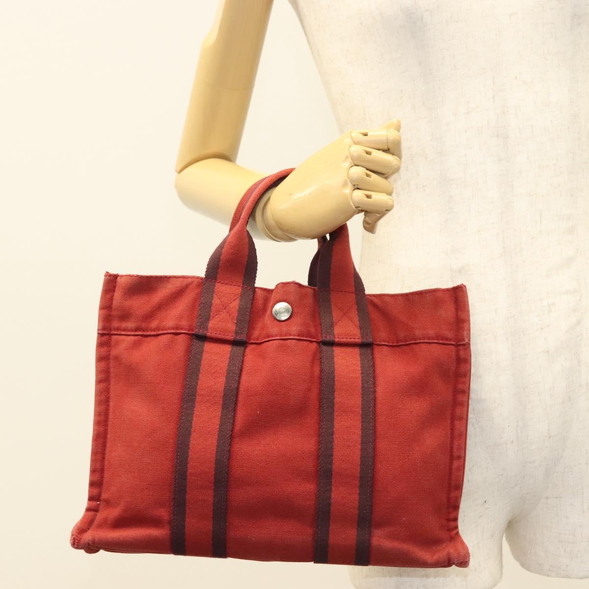HERMES Fourre Tout PM Hand Bag Canvas Red Navy Auth bs27030