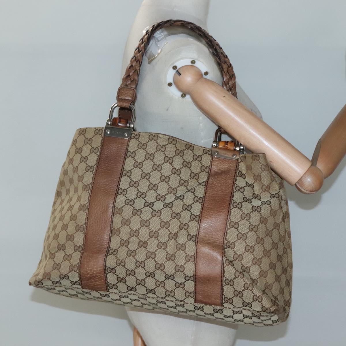 GUCCI GG Canvas Bamboo Tote Bag Beige Silver 232947 Auth bs27063