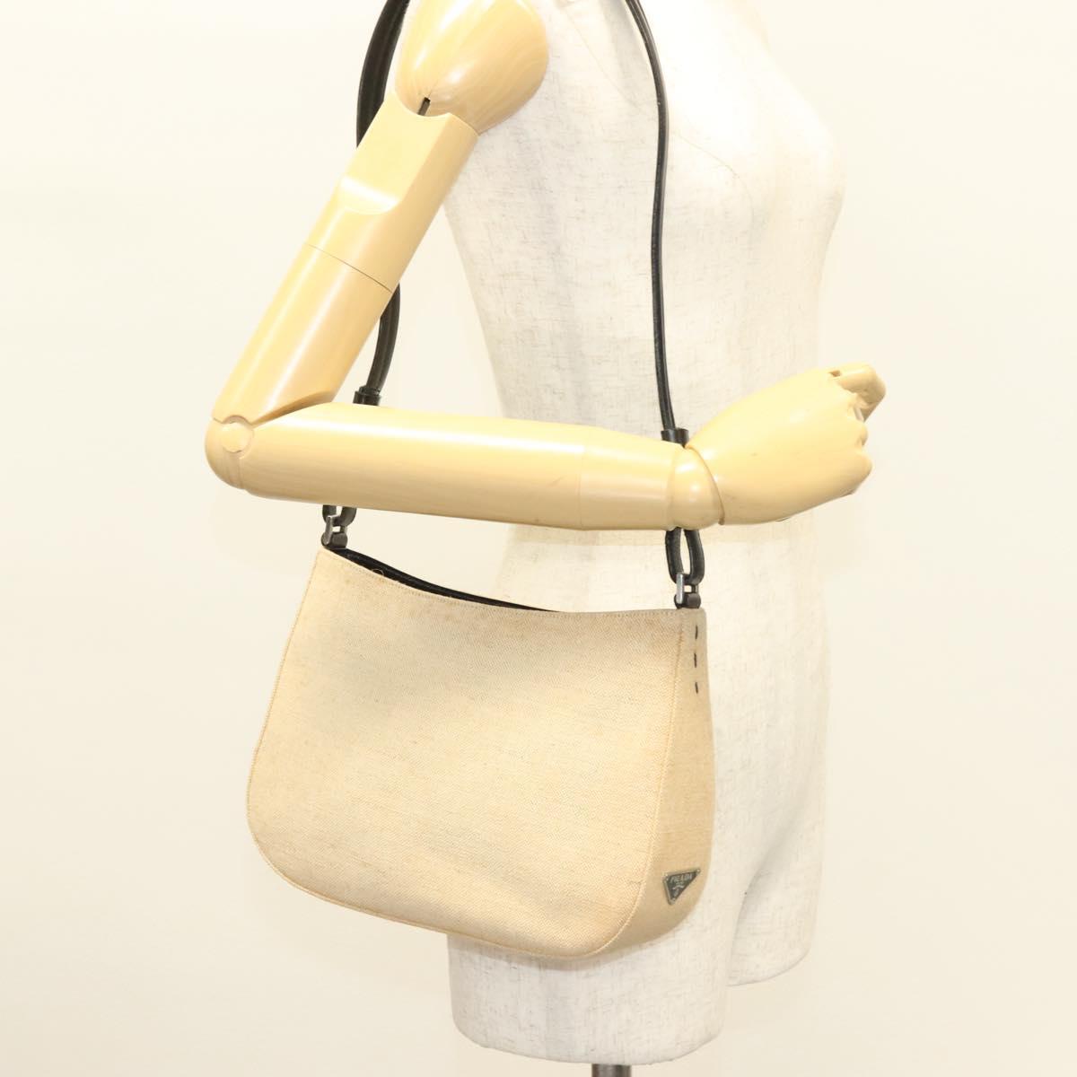 PRADA Shoulder Bag Canvas Beige Silver Auth bs27070