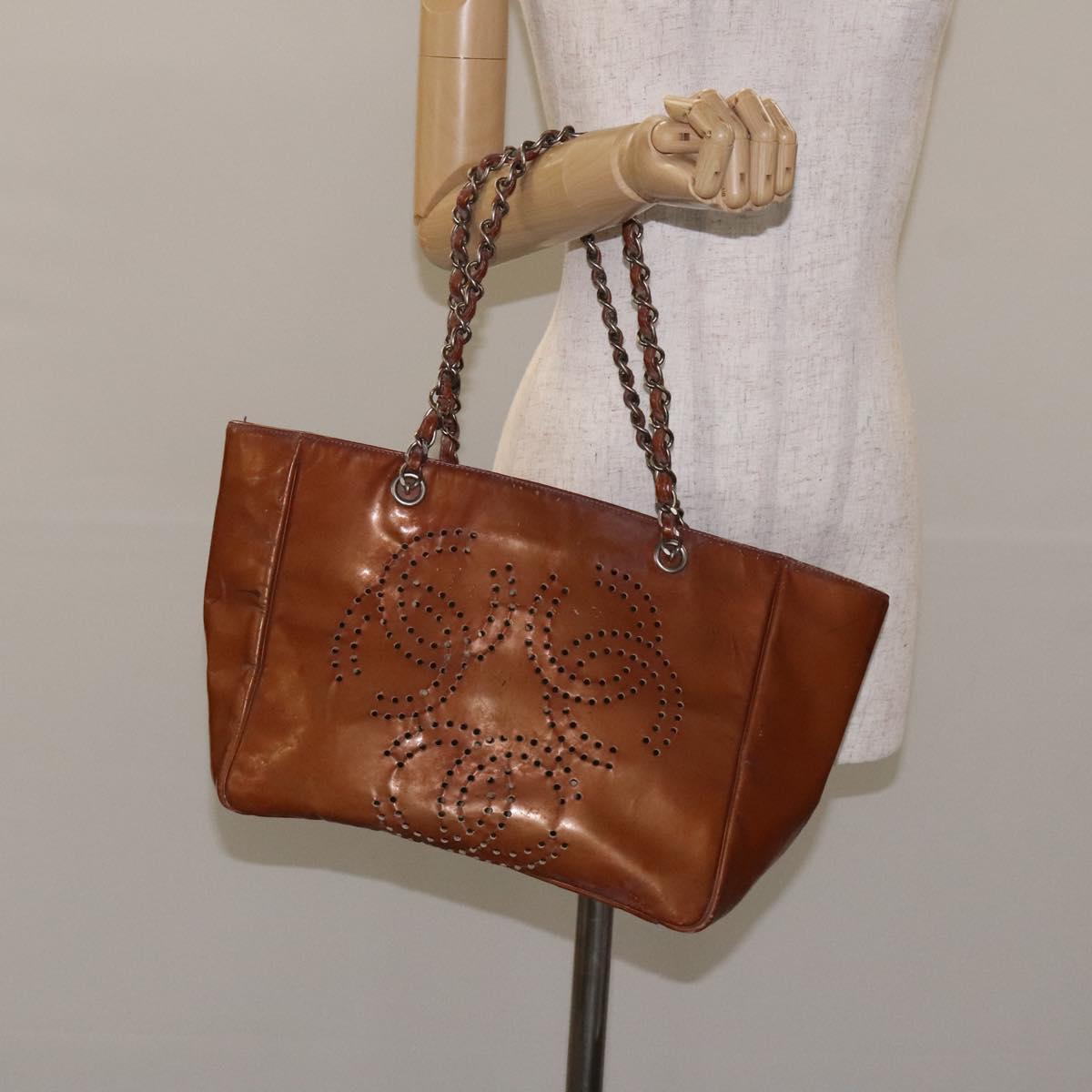 CHANEL Trip Luco co Shoulder Bag Enamel Brown Silver CC Auth bs27076