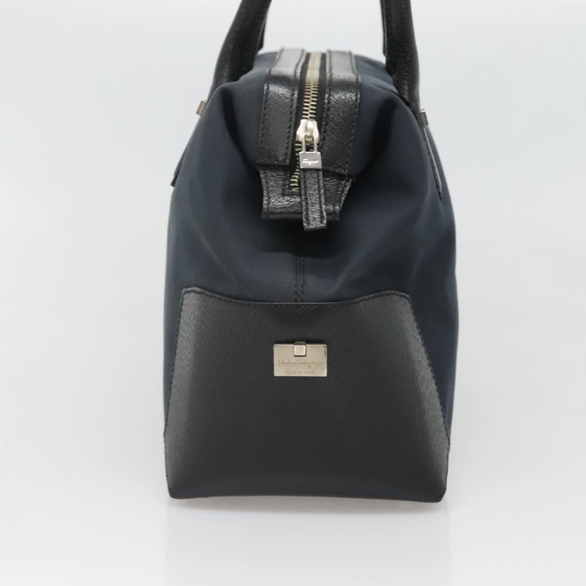 Salvatore Ferragamo Hand Bag Nylon Leather Black Silver Auth bs27088