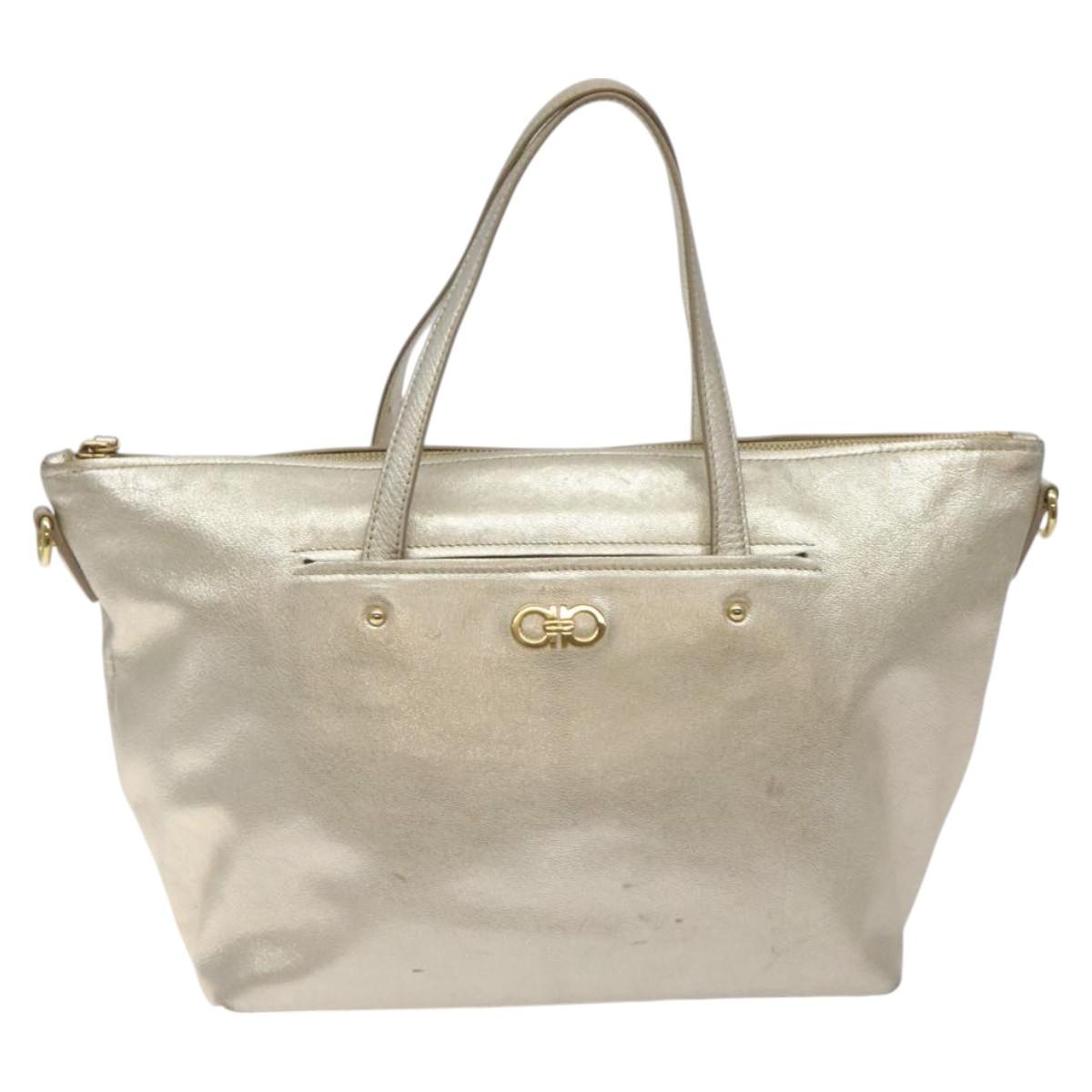 Salvatore Ferragamo Hand Bag Leather Champagne Gold Gold Auth bs27089