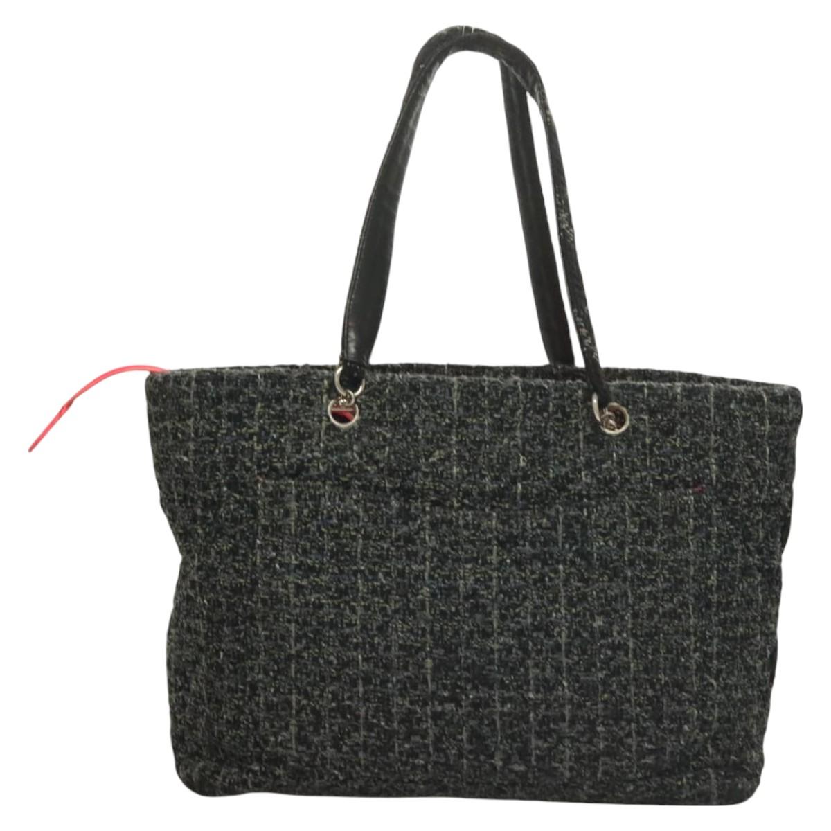 CHANEL Tote Bag Tweed Black Silver CC Auth bs27090