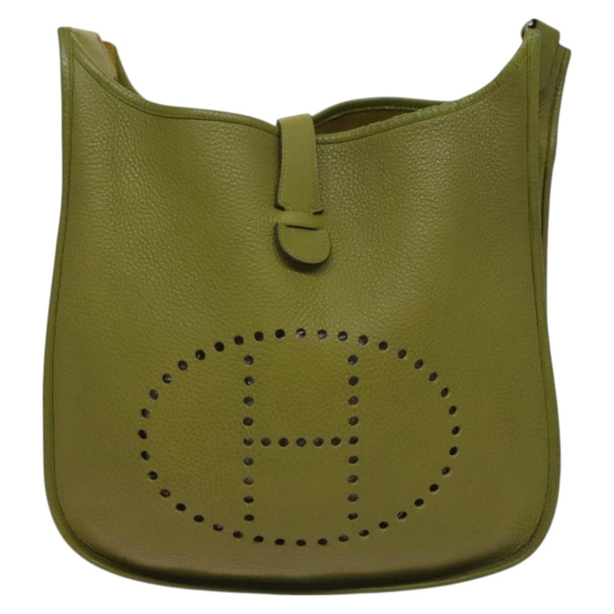 HERMES Evelyn 2 PM Bag Taurillon Clemence Leather Green Silver Auth bs27099