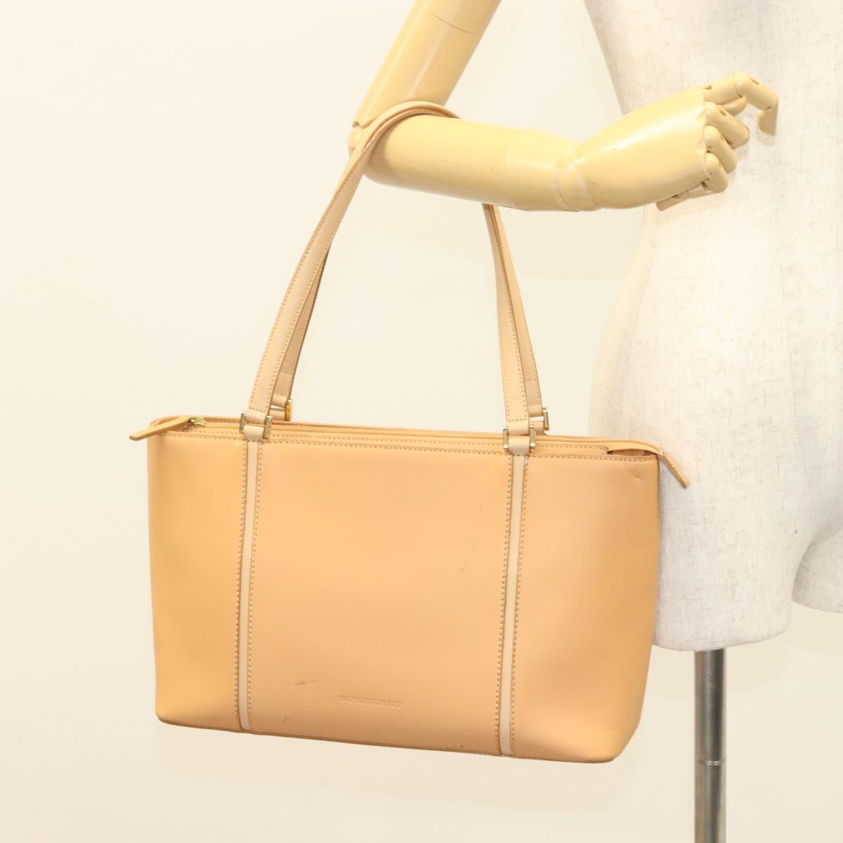 BURBERRY Tote Bag Leather Beige Gold Auth bs27137