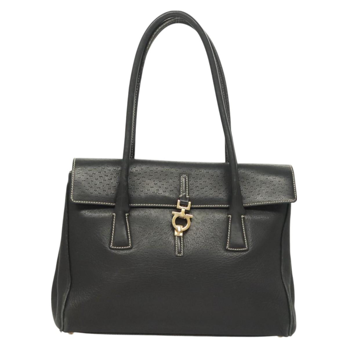 Salvatore Ferragamo Gancini Tote Bag Leather Black Gold Auth bs27164