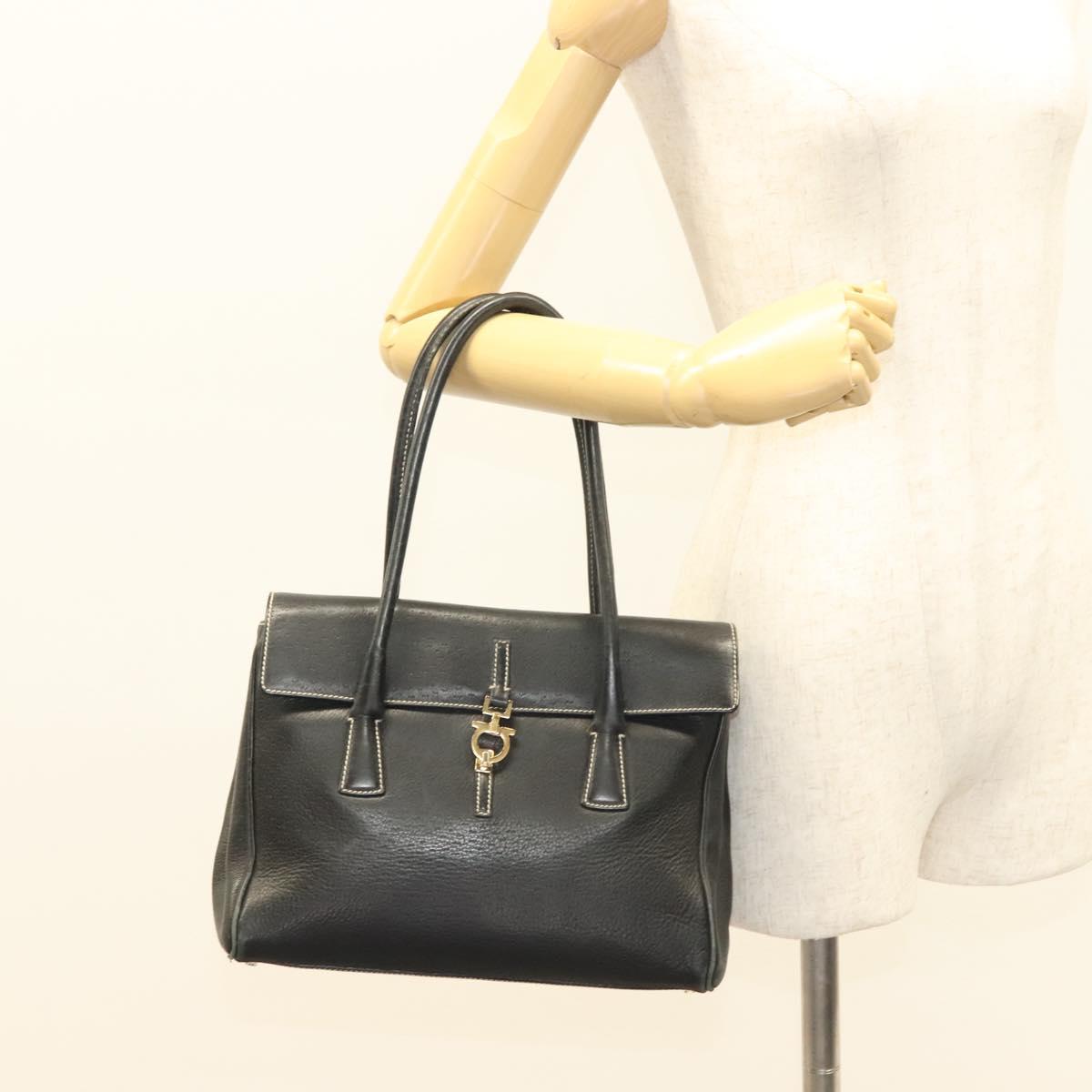 Salvatore Ferragamo Gancini Tote Bag Leather Black Gold Auth bs27164