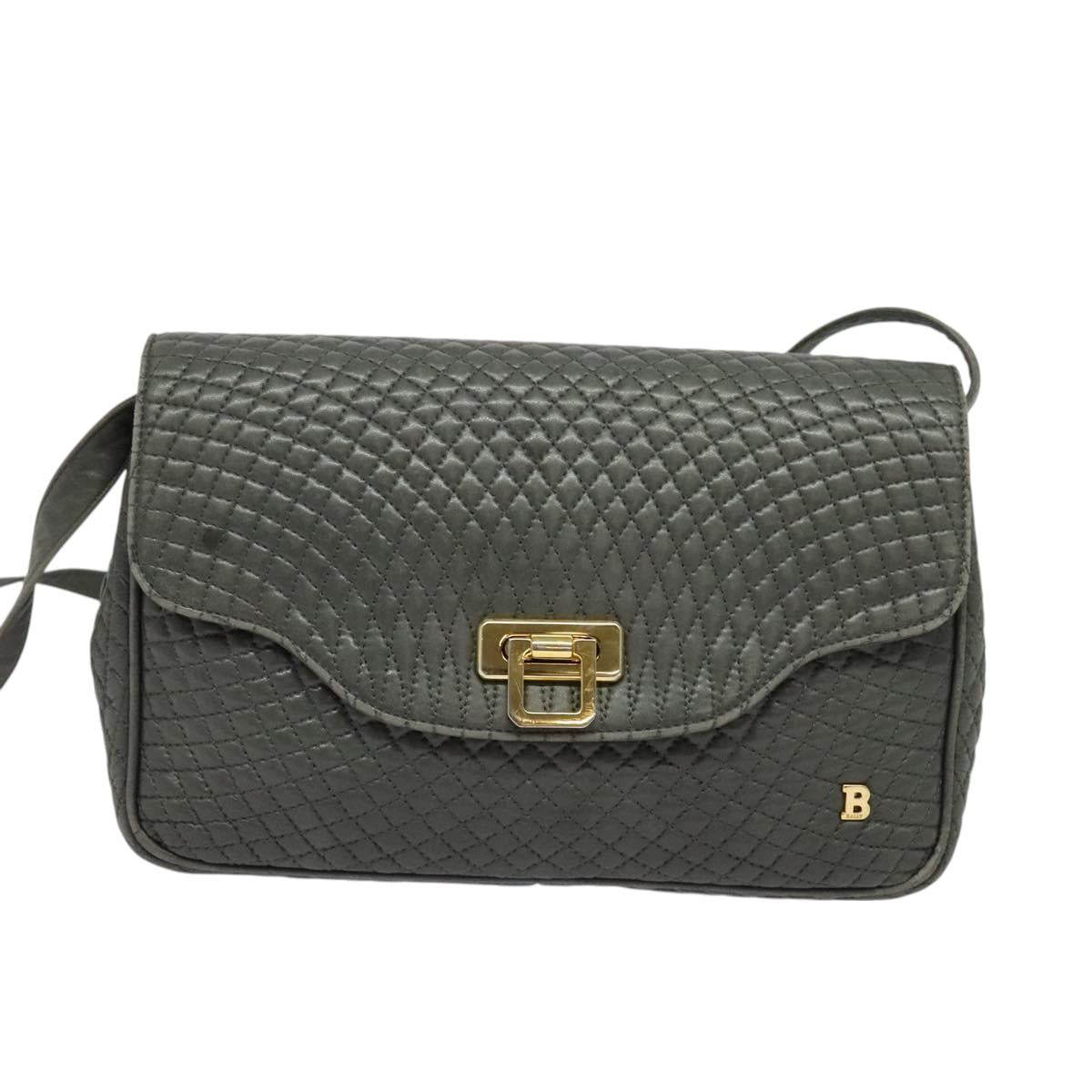 BALLY Shoulder Bag Leather Gray Gold Auth bs27172